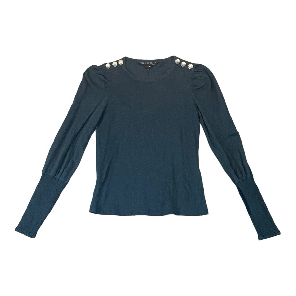 Veronica Beard Top Womens Extra Small Meg Smocked Cuff Tee Dark Aqua Blue Puff